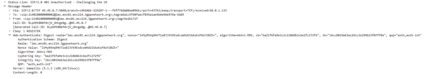 Wireshark trace showing a "401 Unauthorized" Response to an IMS REGISTER request, using the AKAv1-MD5 Algorithm