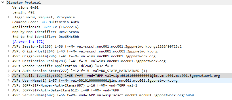 Screenshot of packet capture of Diameter Multimedia-Auth-Request (Diameter Command Code 303) used for IMS authentication